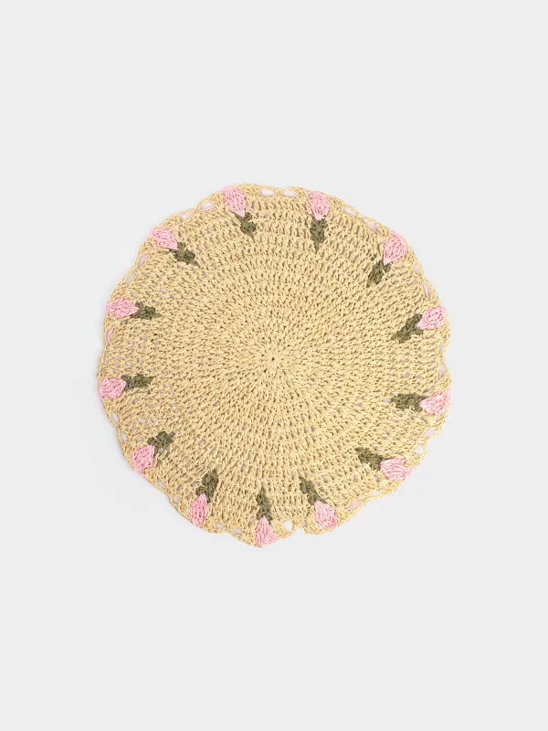Placemat, 38 cm, cellulose, round, sand, Flowers, Braided, image-0