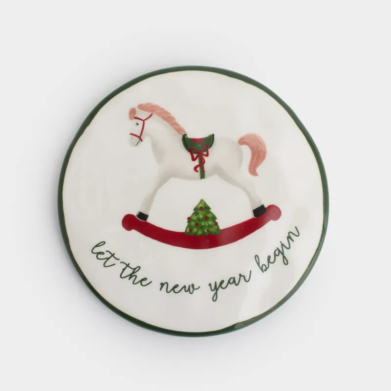 Coaster, 11 cm, round, ceramic / cork, White, Horse, Christmas green