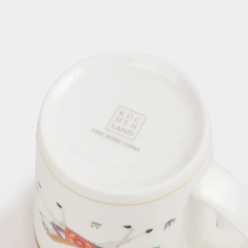 Mug, 450 ml, porcelain F, white, with golden edging, Horses in sled, Blue wind, image-3