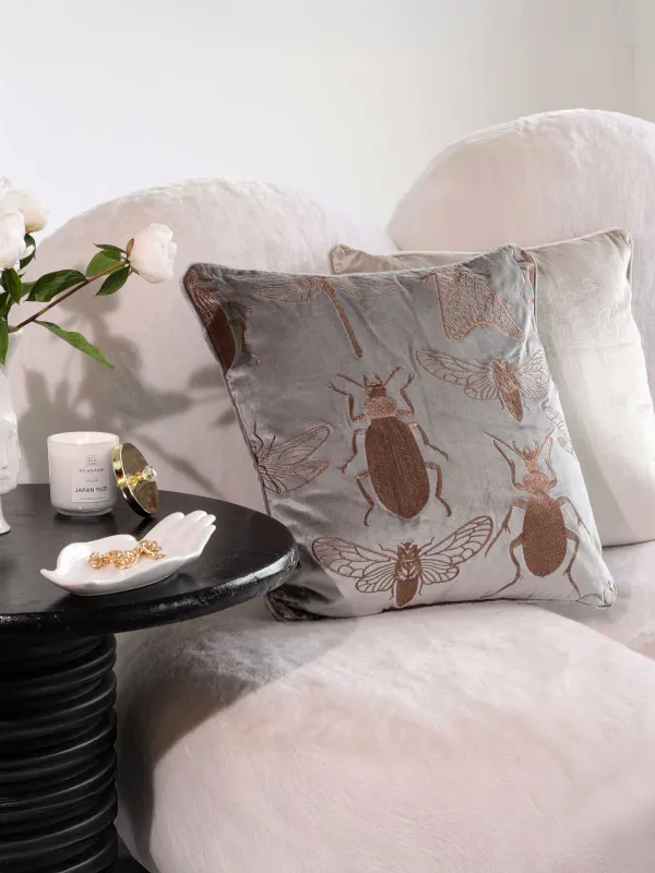 Decorative pillow, 50x50 cm, corduroy / beads, beige-gray, Bugs, Bugs, image-4