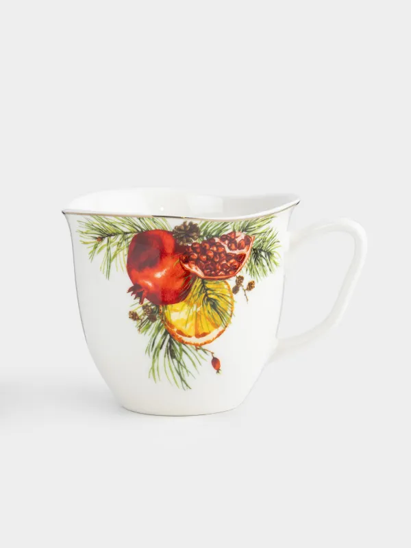 Mug, 320 ml, 2 pcs, porcelain N, white, with golden edging, Pomegranates and orange, Christmas miracle, image-2