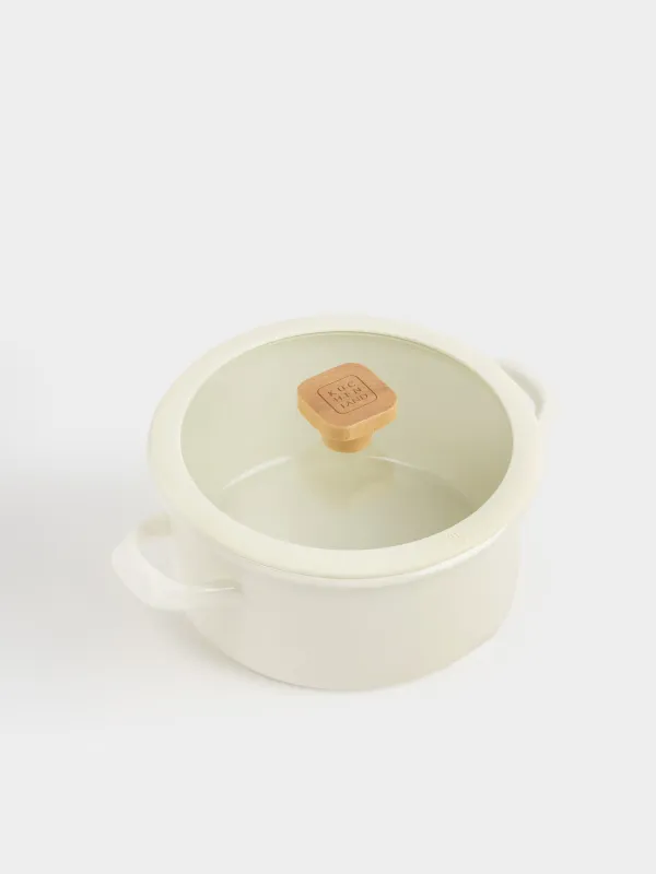 Pot, 20 cm, 2,9 l, with lid, enameled metal / wood, milky, Enamel wood, image-1