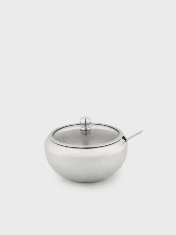Sugar bowl, 9 cm, 500 ml, with spoon, steel, Classic, image-0