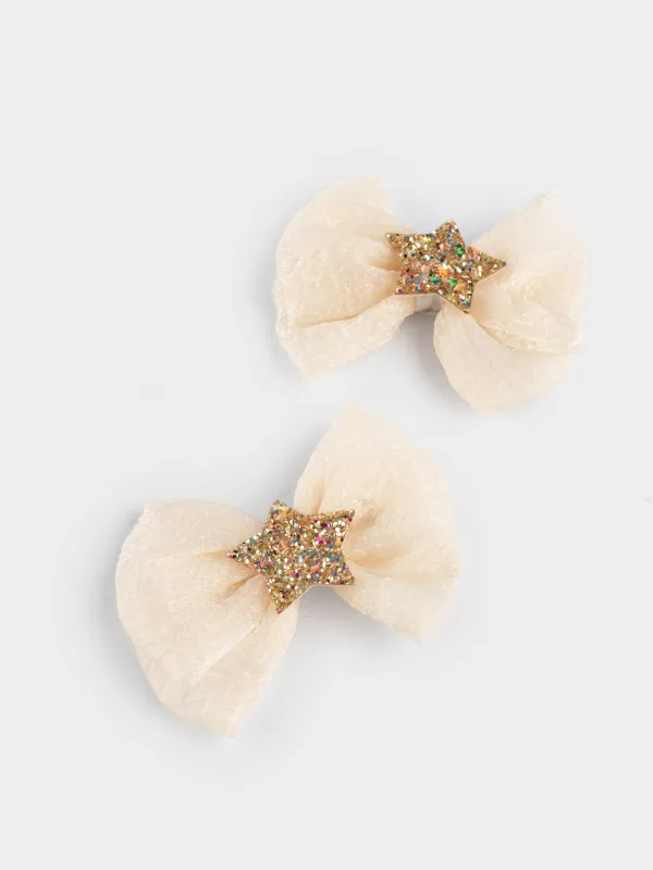 Hair clip, 6 cm, 2 pcs, children's, Polyester / metal, milky, Star, Hairstyle, image-1