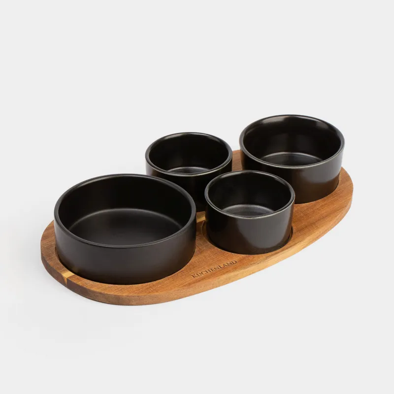 Snack set, 4 pcs, on a stand, ceramic / wood, black, Round bowls, Loft