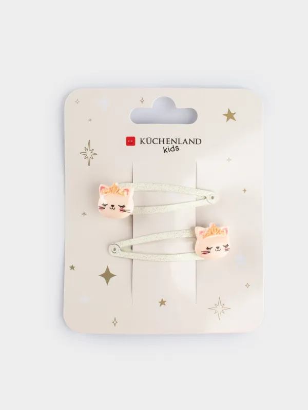 Hair clip, 4 cm, 2 pcs, metal, milky gold, Cat with crown, Cat, image-3