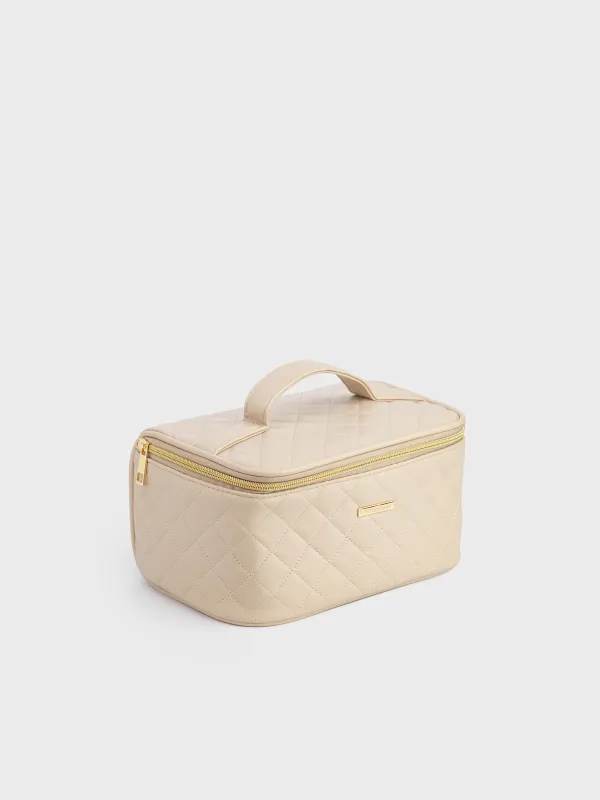 Cosmetic bag, 23x13 cm, quilted, with handle, polyurethane, beige, Quilted, image-5