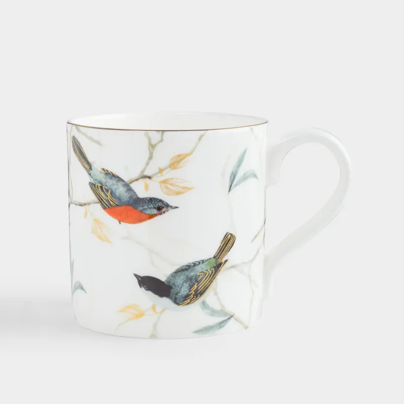 Mug, 330 ml, porcelain F, with golden edging, Warbler and tit, Paradise bird