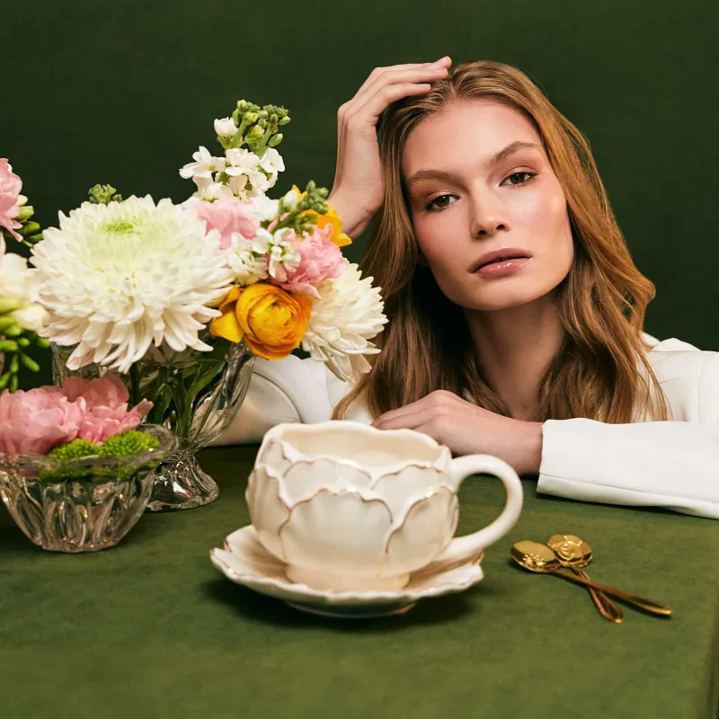 Breakfast tea pair, 1 person, 2 items, 450 ml, porcelain P, milky golden, Peony, Bloome, image-6