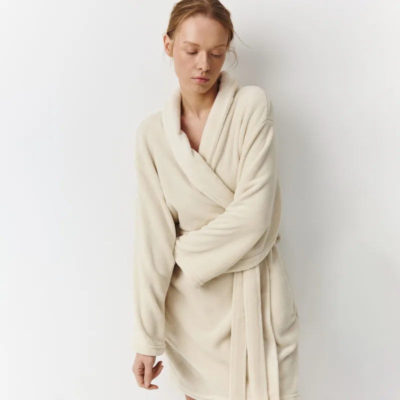 Bathrobe for women, homewear, size L-XL, with long sleeves, fleece, milk, Letisha