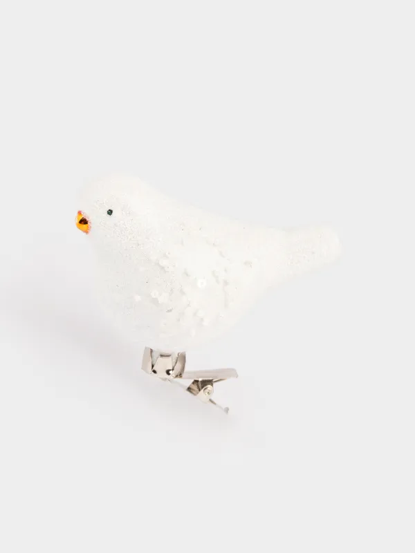 Christmas tree toy, 7 cm, on a clip, glass / metal, white, Bird, Figure sparkle, image-1