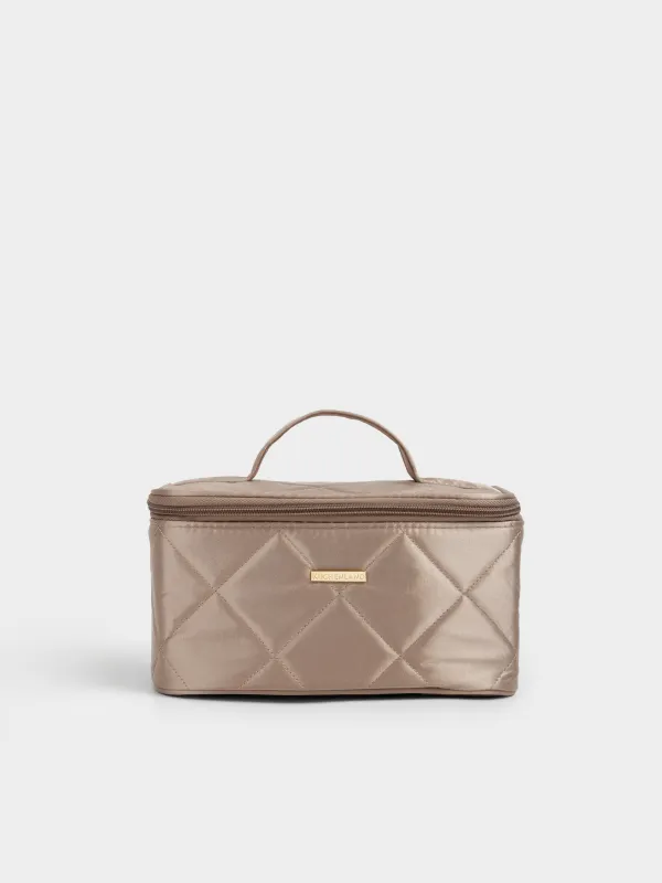 Makeup bag, 23x13 cm, quilted, with handle, satin, beige, Quilted silk, image-0