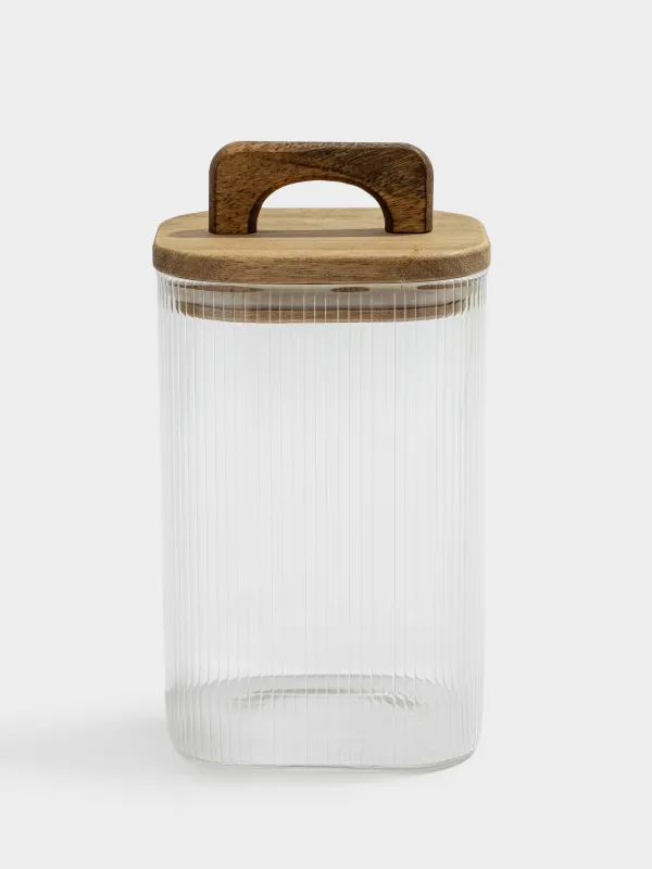 Bulk products jar, 1 l, glass R / wood, square, Ravi wood, image-0