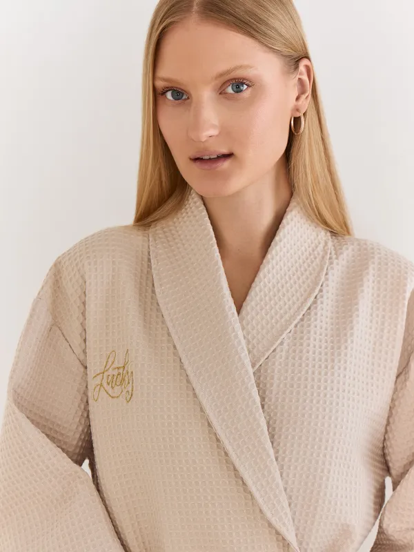 Women's robe, homewear, size S, with long sleeves, waffle, cotton, milky, Lucky, Stefani, image-2