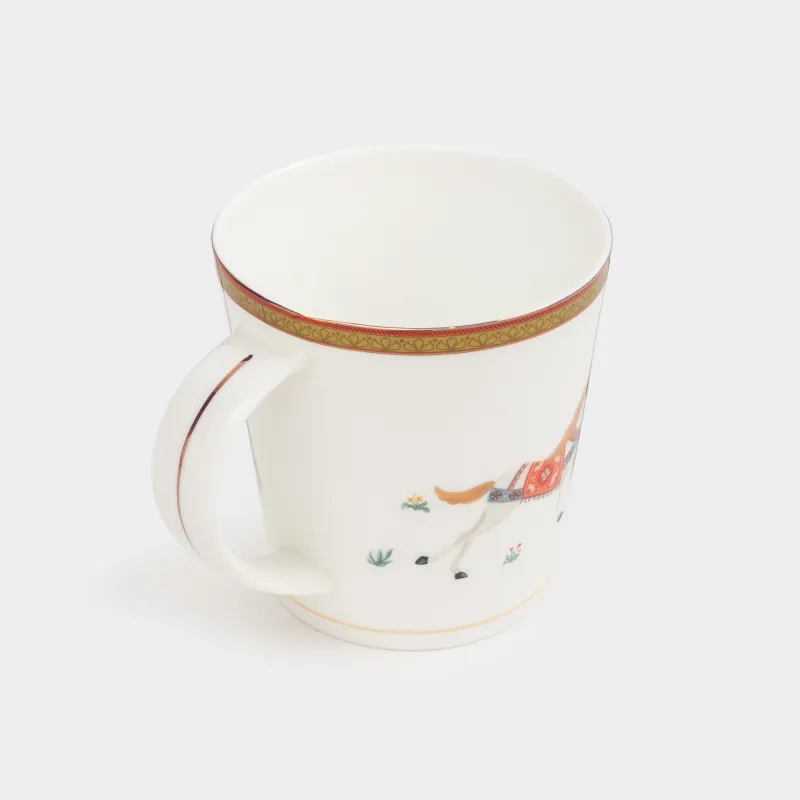 Mug, 450 ml, porcelain F, white, with golden edging, Horses in sled, Blue wind, image-1