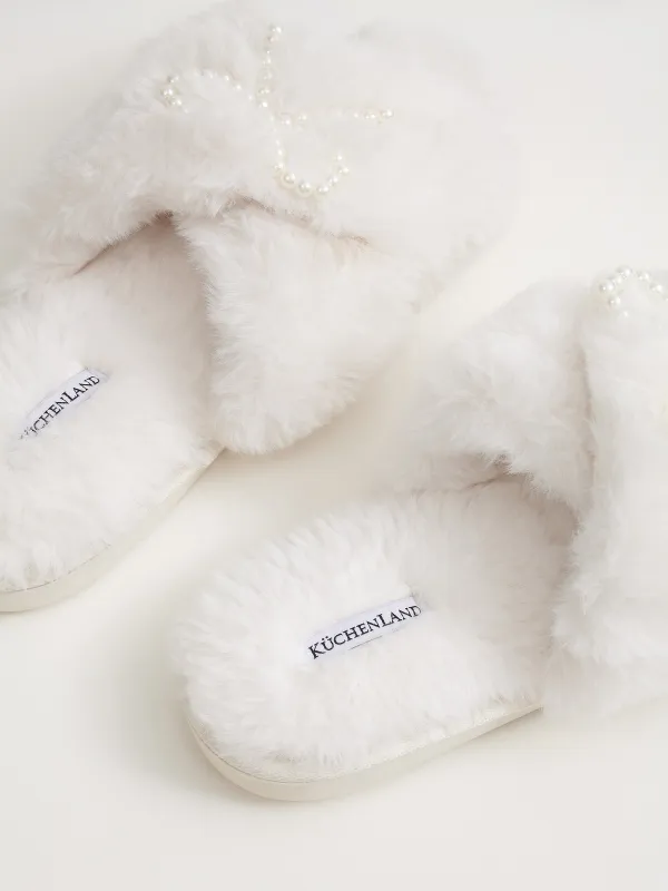 Women's slippers, homewear, size 36-37, artificial fur, white, Bow, Tape, image-4