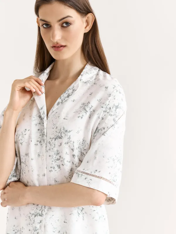 Women's shirt, homewear, size S, with short sleeves, viscose, milky, Flowers, Arsinoa, image-2