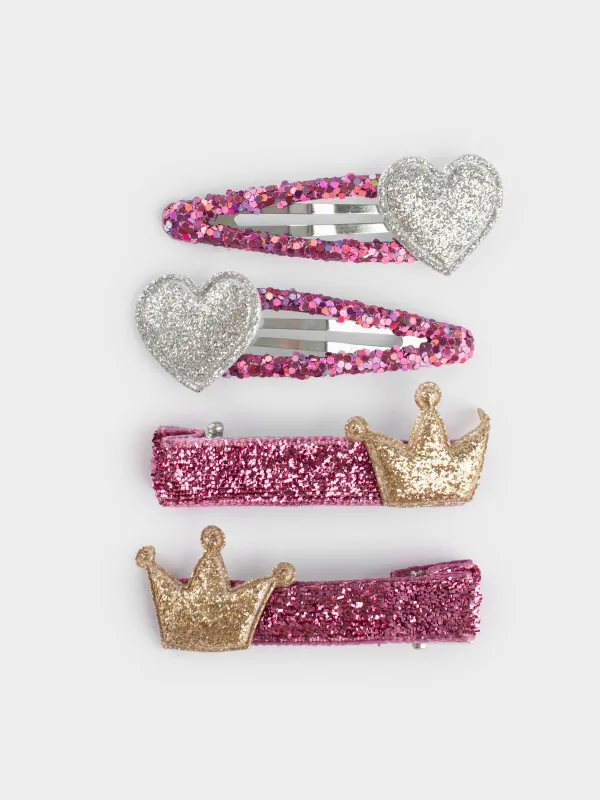 Hair clip set, 5 cm, 4 pcs, children's, plastic / metal, purple, Crown/Heart, Gracile