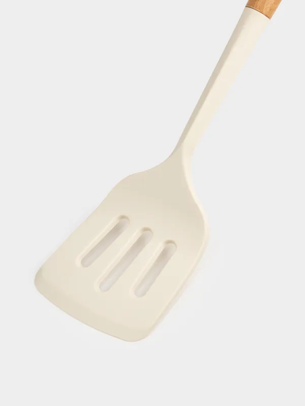Spatula, 32 cm, with slots, silicone/wood, milky, Legerity, image-3