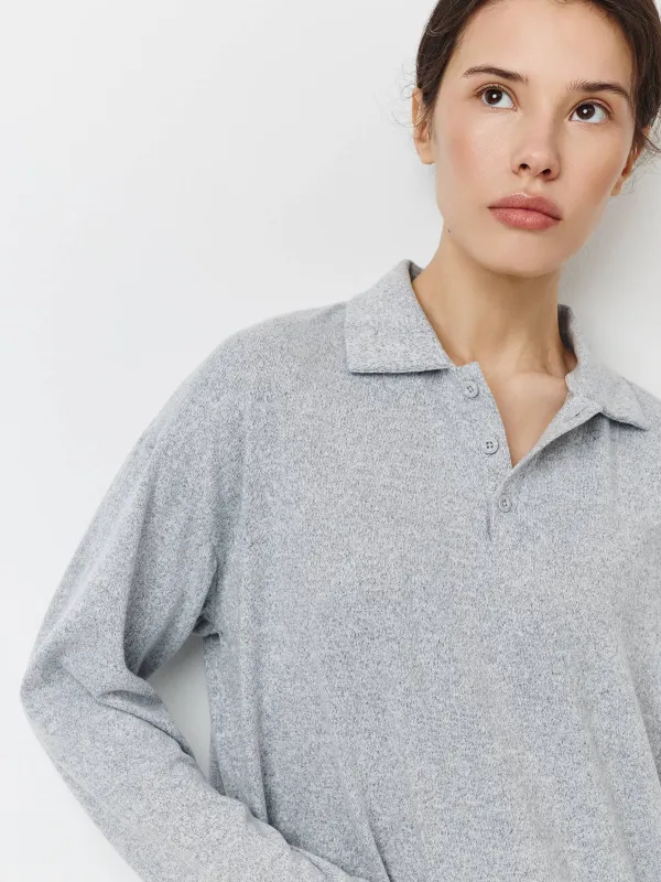 Women's jumper, homewear, size L, with polo collar, polyester/spandex, grey, Bertha, image-2