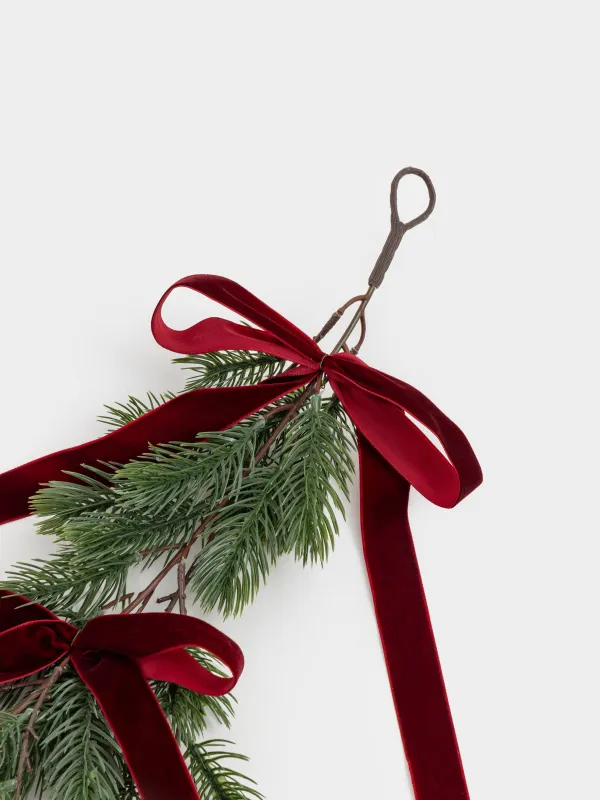 Decorative garland branch, 1.3 m, polyethylene, Spruce with red bows, Conifer decor, image-2