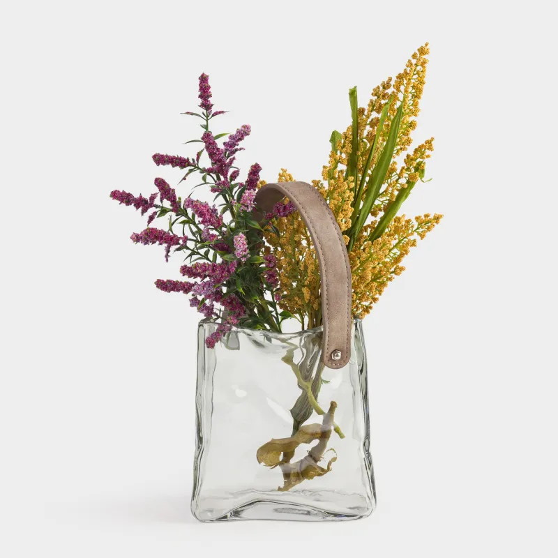 Flower vase, 17 cm, decorative, with handle, glass / polyurethane, grey, Bag, Crumple color, image-4