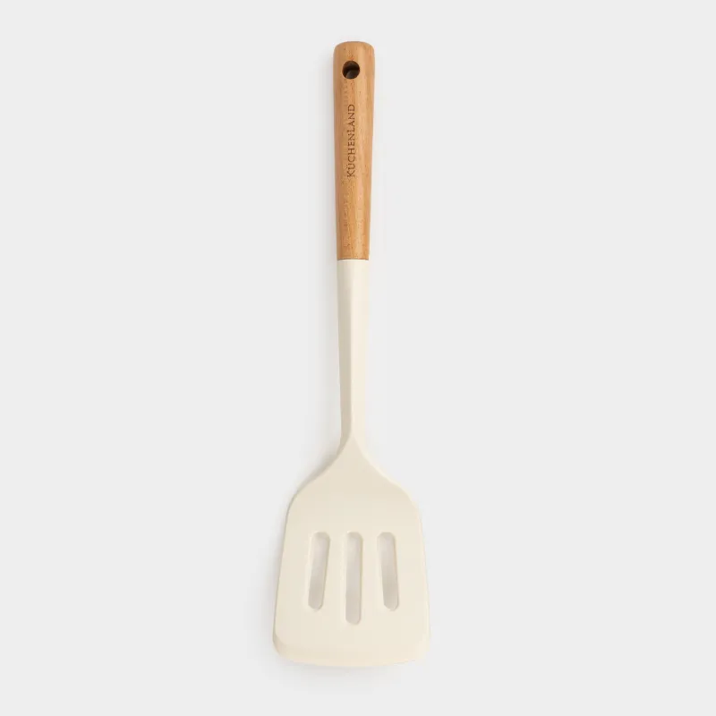 Spatula, 32 cm, with slots, silicone/wood, milky, Legerity