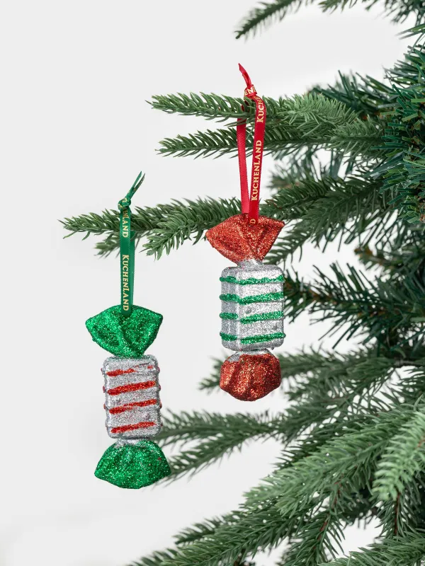 Christmas tree toy set, 7 cm, 2 pcs, plastic, with glitter, green-red, Candy, Figure sparkle, image-4