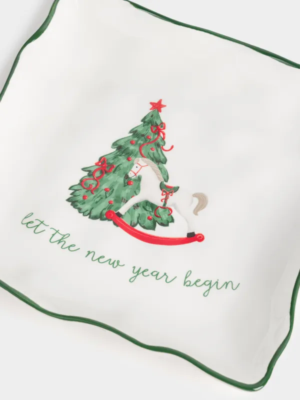 Dish, 22x22 cm, ceramic, square, Horse with Christmas tree, Christmas green, image-3
