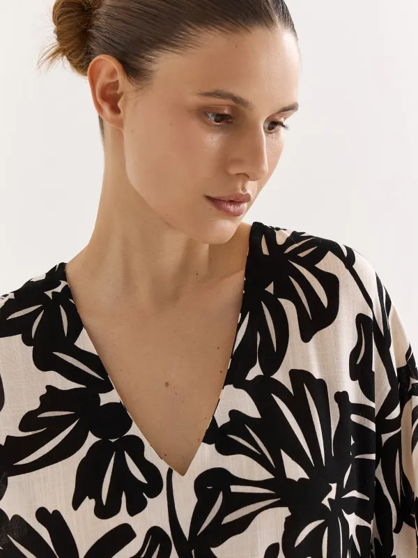 Women's dress, maxi, size S, with short sleeves, viscose, beige-black, Flowers, Almi, image-2