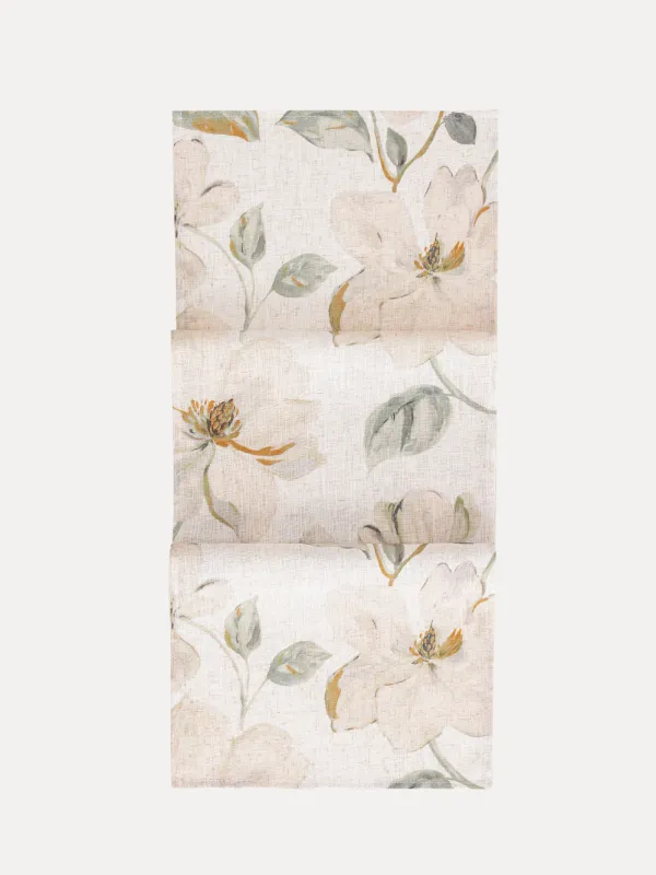 Table runner, 40x160 cm, polyester / linen, milky yellow, Flowers, Flowery flax, image-0