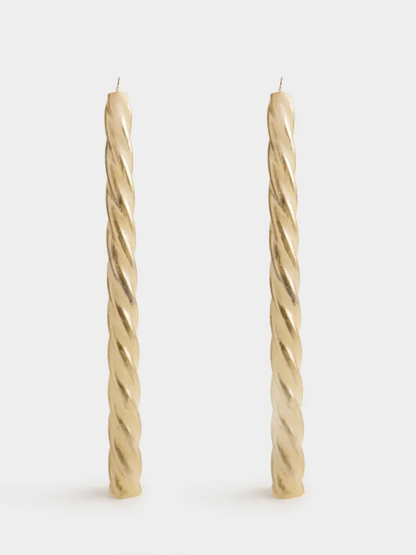 Candle, 25 cm, 2 pcs, thin, golden, Spiral, Spiral shape, image-0