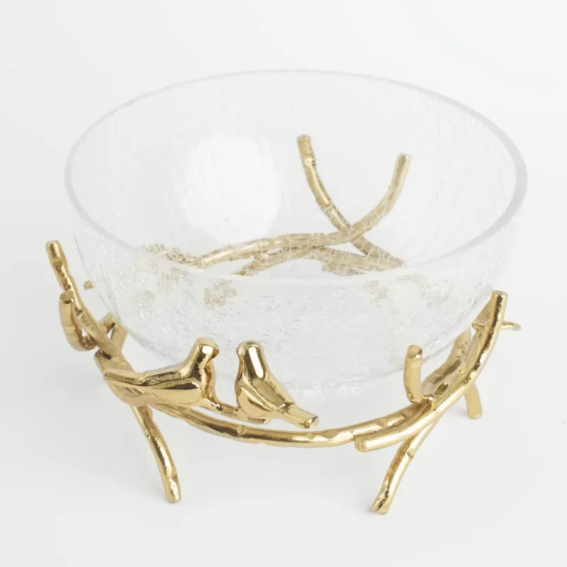 Deep dish, 21x9 cm, on a stand, glass / metal, golden, Birds, Fantastic gold, image-3