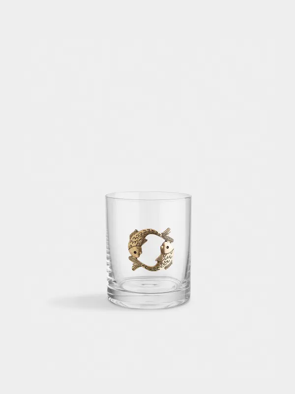 Drinking glass, 10 cm, 340 ml, glass/metal, golden, Pisces, Zodiac, image-0