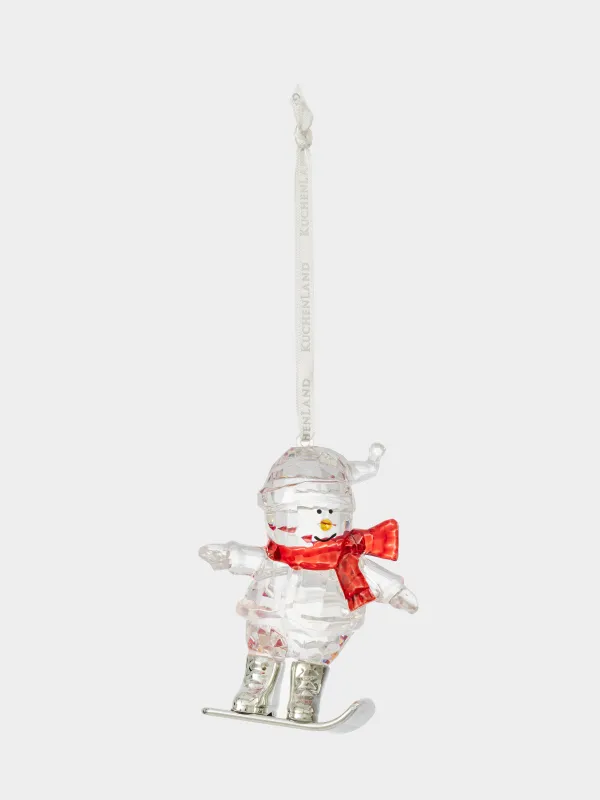 Christmas tree toy, 9 cm, acrylic / metal, silver, Snowman on snowboard, Figure crystal, image-1
