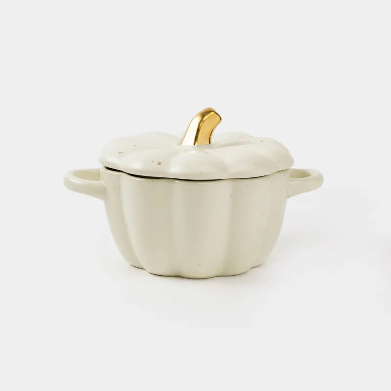 Cocotte, 11 cm, 340 ml, with lid, ceramic, milky golden, speckled, Pumpkin, Gourd