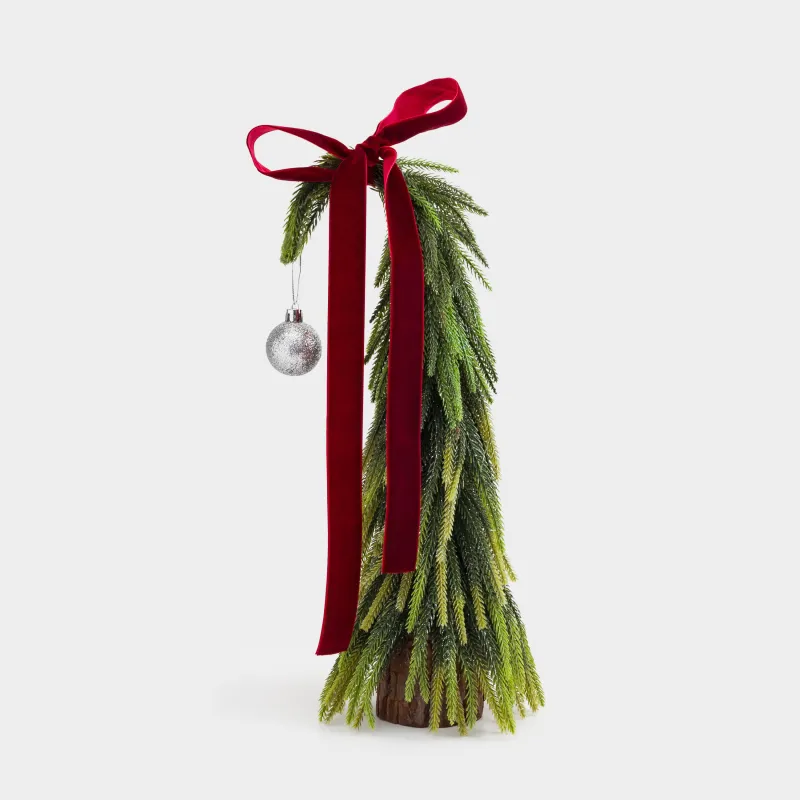 Artificial spruce, 47 cm, in craft, polyethylene, Spruce with red bow and ball, Conifer curved