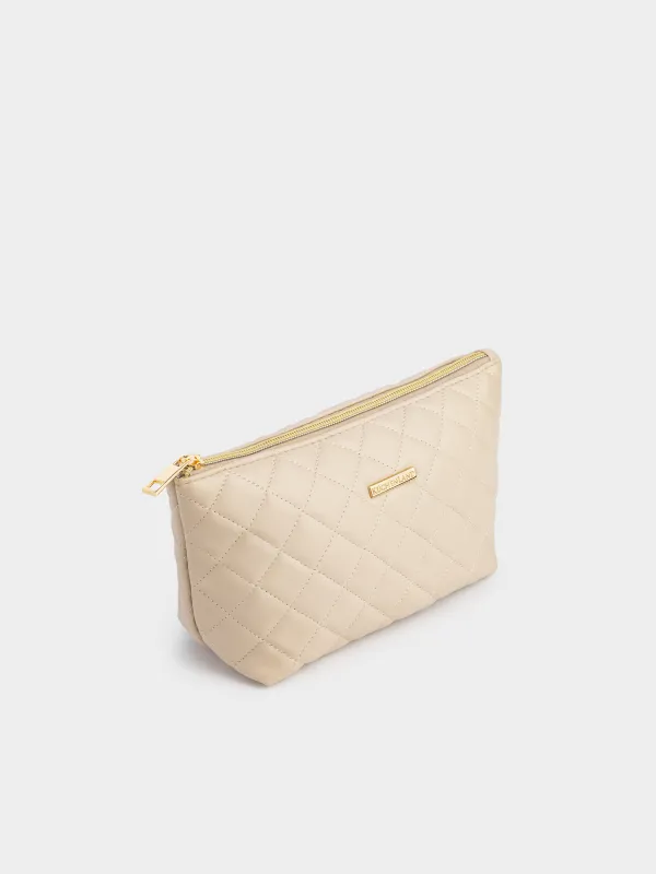 Cosmetic bag, 26x13 cm, quilted, polyurethane, beige, Quilted, image-1