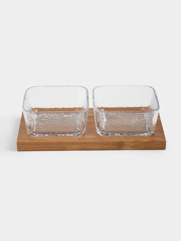 Snack set, 2 pcs, on stand, glass/wood, Squares, Noble tree, image-4
