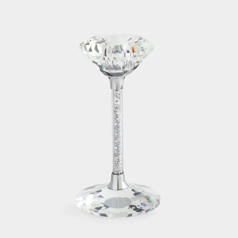 Candlestick, 15 cm, for a thin candle, on a leg, glass / rhinestones, Silver crystals, Diamond