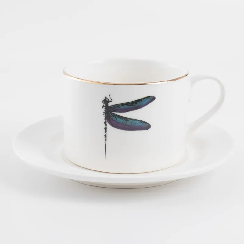 Tea pair, 1 person, 2 items, 220 ml, porcelain N, golden edging, Colored dragonfly, Symphony