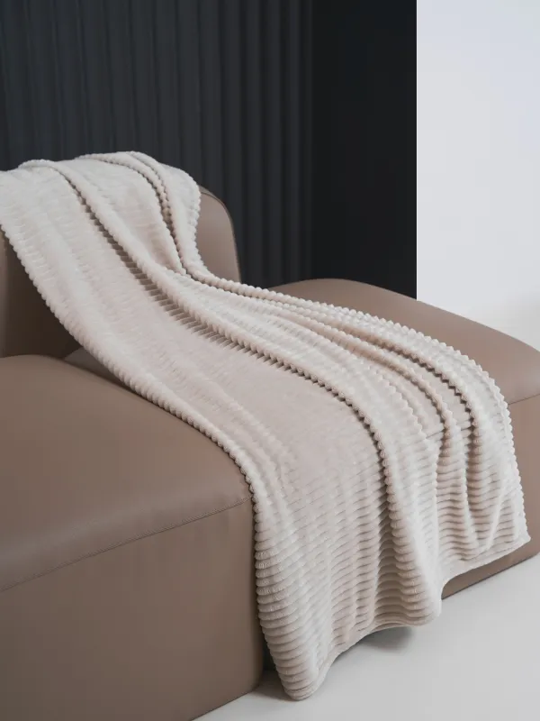 Plaid, 130x170 cm, flannel, sand, Voluminous stripes, Flannel, image-1