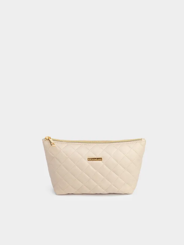 Cosmetic bag, 26x13 cm, quilted, polyurethane, beige, Quilted, image-0