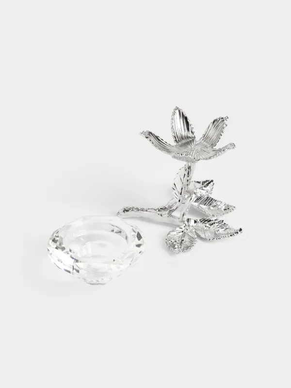 Candlestick, 9 cm, for tea / thin candle, on a leg, crystal glass / metal, Flower, Diamond, image-4