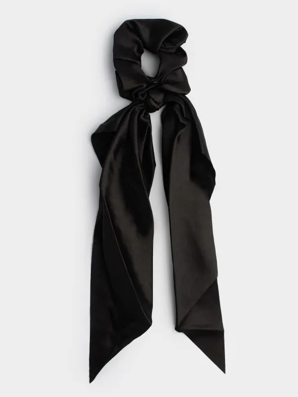 Elastic band for hair, 25 cm, with ribbon, satin, black, Silk, image-0