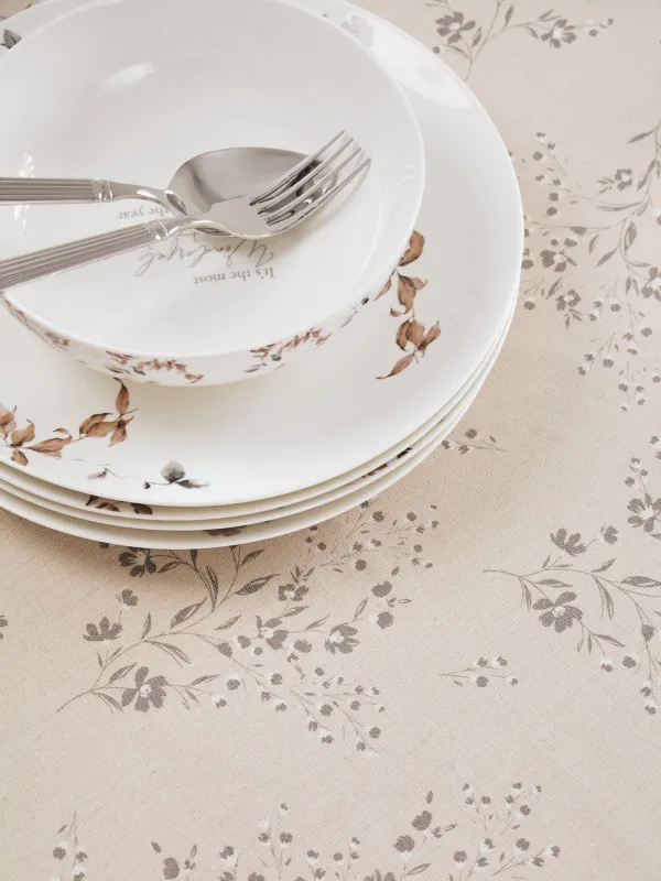 Tablecloth, 160x160 cm, PU coated, polyester / viscose / linen, beige, Branches with flowers, Branches, image-3