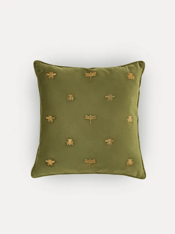 Decorative pillow, 45x45 cm, velvet/beads, milky, Dragonflies and beetles, Bugs, image-0