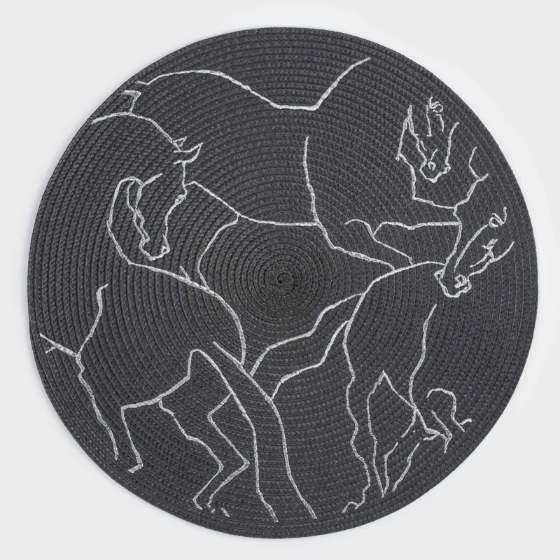 Placemat, 38 cm, polyester, round, dark grey, Horses, Circle embroidery