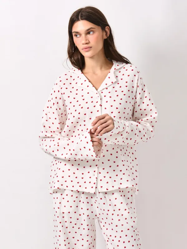 Women's shirt, homewear, size L, with long sleeves, muslin, milky, Flowers, Ateira, image-1