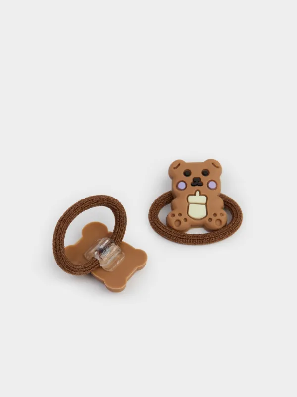 Hair tie, 3 cm, 2 pcs, for children, plastic / polyester, brown, Bear, Gracile, image-1